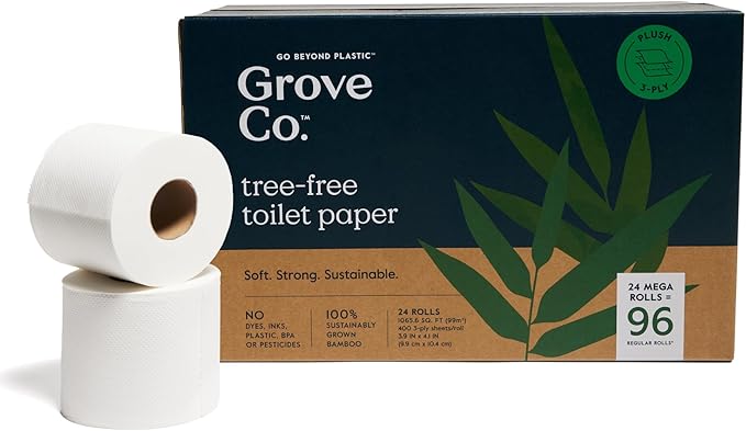Grove Co. Bamboo Toilet Paper Tree Free & Septic Safe Bath Tissue, Ultra Soft, Durable, & Absorbent 3 Ply Sheets (1 Roll = 44.4 sq ft) Bulk Toilet Paper (Pack of 24 Rolls)