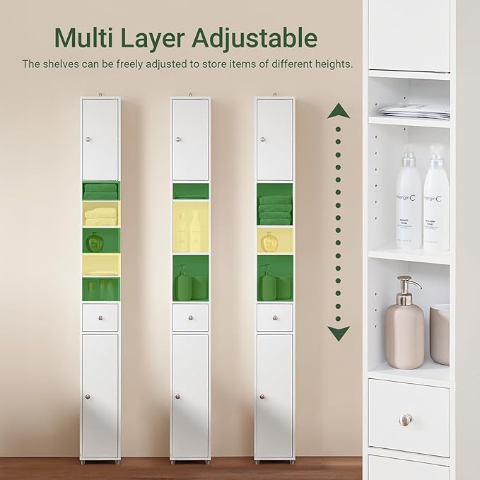 SoBuy Bathroom Narrow Storage Cabinet, Skinny Tall Unit with Adjustable Shelves Slender, Bathroom Organizers and Storage, Anti-Tipping Floor Standing Cupboard Laundry Room, White BZR34-W
