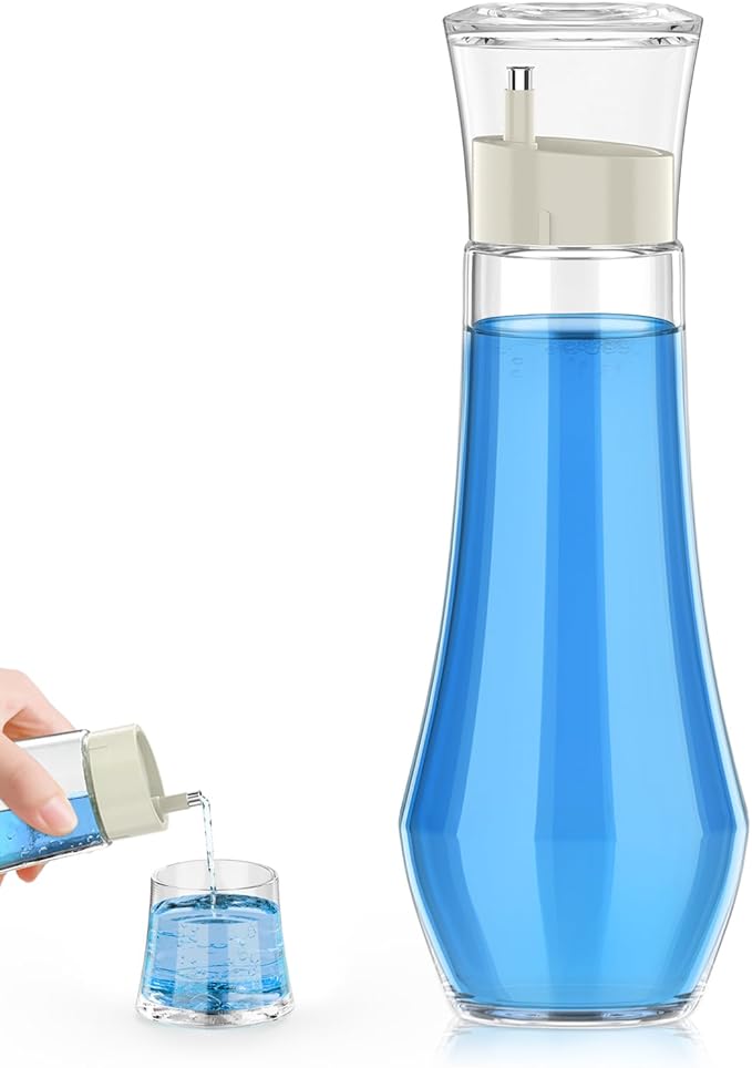 Glass Mouthwash Dispenser for Bathroom, 8.8 oz Refillable Mouthwash Container With Lid Cup, Small Clear Mouthwash Bottle for Countertop