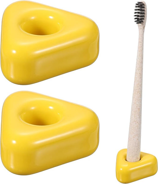 uxcell 2 Pcs Mini Ceramics Toothbrush Holder Stands, Sleek Mini Countertop Toothbrush Triangle Shape Ceramic Holder Stand for Bathroom Vanity Countertops, Yellow
