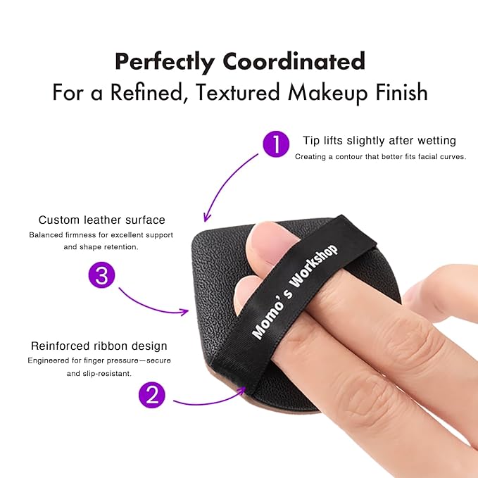 Momo's Workshop Geego Black Lychee-Pattern Leather Makeup Puff - Water Drop Shape, Dry/Wet Dual Use, Reinforced Strap, Flawless Foundation Application for Cushion/Foundation,3pcs & Storage Case
