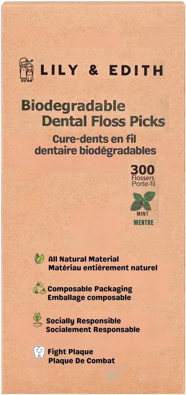 LILY & EDITH Biodegradable Dental Floss Picks Adults and Kids 300 Counts, Fluoride-Free, Plant Based Straw Wheat Material, Zero Waste Package, Shred Resistant (Mint)