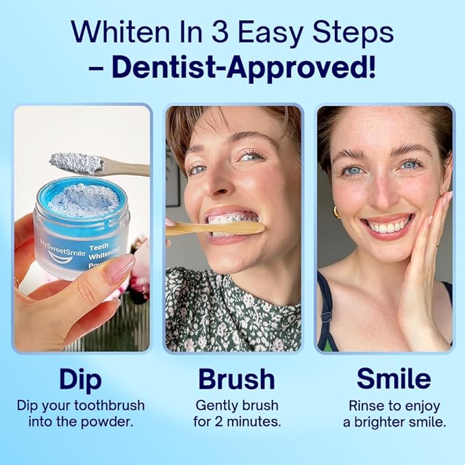 MySweetSmile Teeth Whitening Powder - Dentist-Approved & Enamel-Safe | 6 Month Supply | Tea, Coffee, Wine & Smoking Stain Remover | Non-Sensitive Formula | Peroxide Free | Cool Mint Flavour