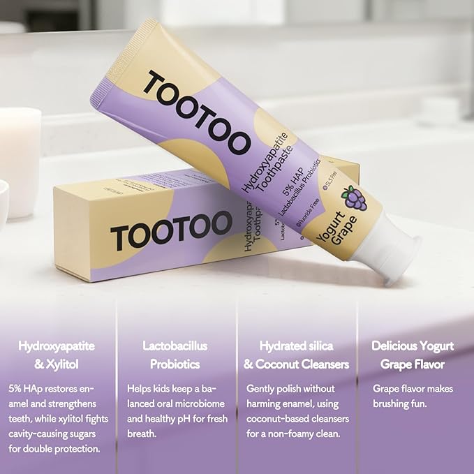 TooToo Fluoride Free Kids Hydroxyapatite Toothpaste - Probiotics & Xylitol Toothpaste - Safe to Swallow, All Natural - Yogurt Grape Favor, 8.4 OZ