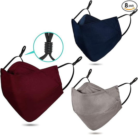 3-Ply Cloth Face Mask Reusable Washable, Organic Cotton Face Masks Nose Wire Filter Pocket Adjustable Ear Loops, Pack of 3 No Fog/Dust for Unisex Adult (1 Blue+1 Burgundy+1 Gray)