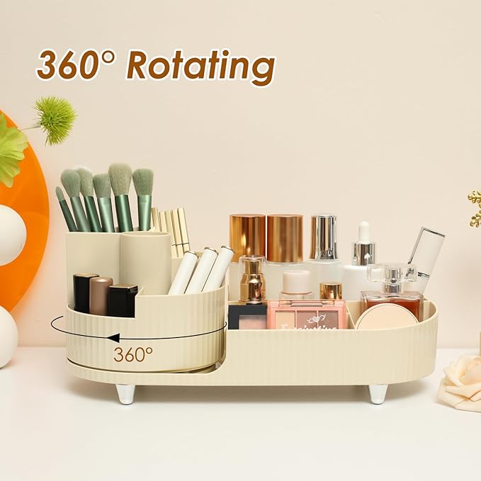Makeup Organizer Countertop Rotating Makeup Organizer for Vanity Large Capacity Cosmetic Display Case with Makeup Brush Holder Cosmetic Organizer Countertop（Cream）