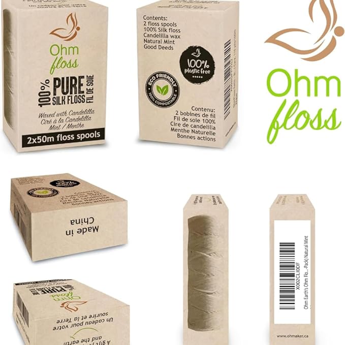 Ohm Earth’s Ohm Floss Refill – Natural Silk Dental Floss for Refillable Bamboo/Steel Holder, Candelilla Wax, 100% Compostable, Eco Oral Care, 109 yds/100m (2-Pack) Natural Mint