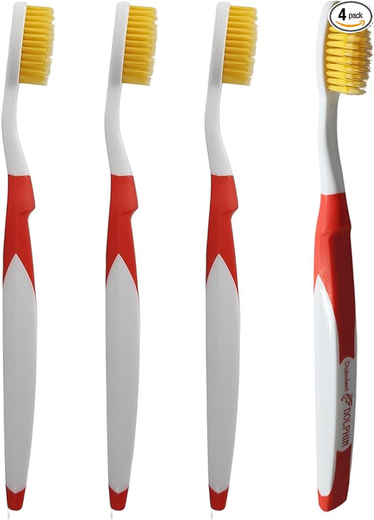 Dolphin Gold [4 Packs] Extra Soft Toothbrush Manual Long Flossing Bristle, Ultra Clean Toothbrush, Good for Sensitive Teeth and Gums (Red, Gold 4 Packs)