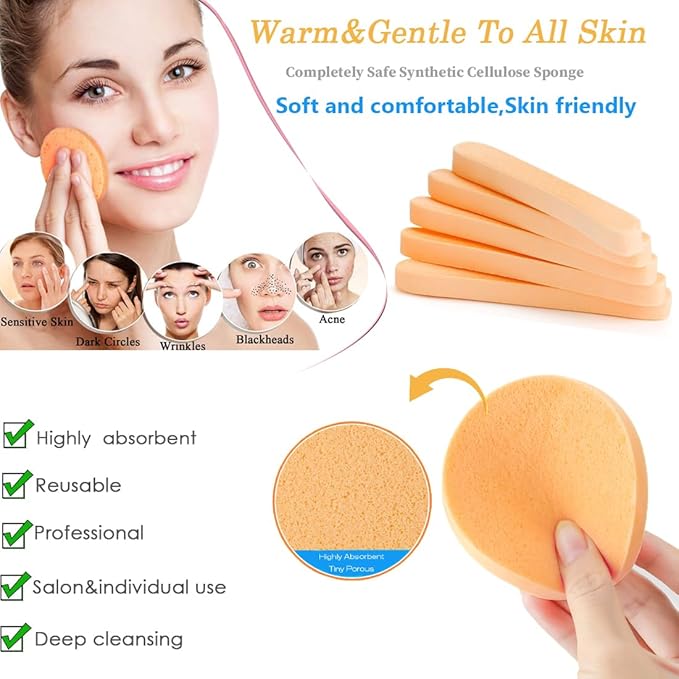 Compressed Facial Sponge,Reusable Makeup Blender 60 Count,Soft Round Wash Sponges for Estheticians Makeup Removal,Face Cleansing Exfoliating Compress Spa Pads for Women,Orange