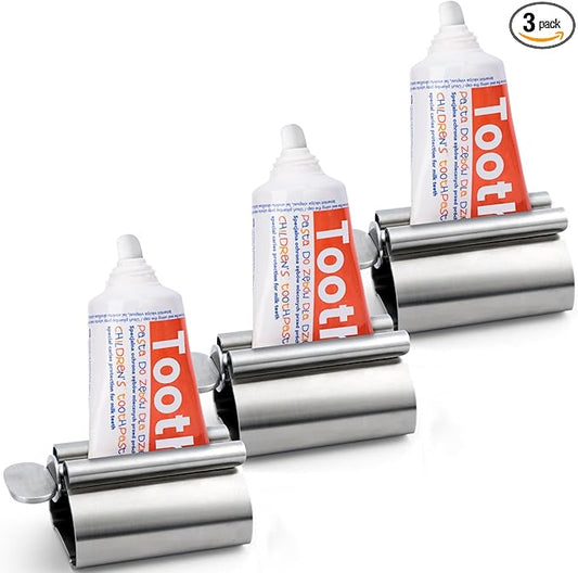 LOVEINUSA Toothpaste Tube Squeezer Dispenser, 3PCS Toothpaste Roller Squeezer Tool Metal Stainless Steel Tooth Paste Holder for Bathroom, Silver