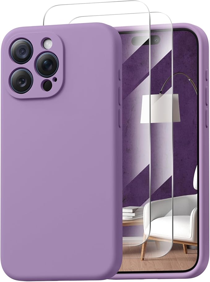 Magnetic for iPhone 15 Pro Case, Compatible with MagSafe, with 9H Nano Screen Protectors, Full Camera Protection, Silicone Shockproof Microfiber Lining Phone Case 6.1", Light Purple