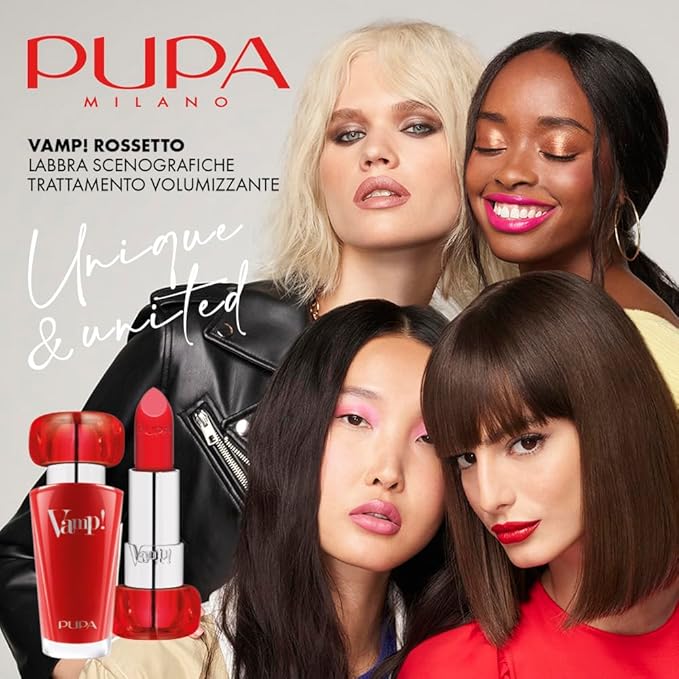 Pupa Milano Vamp! Extreme Colour Lipstick With Plumping Treatment - For Fuller, Defined Lips - Adds Incredible, Deep Color To Lips - Soft Texture Adheres Perfectly - 301 Intense Red - 0.123 Oz
