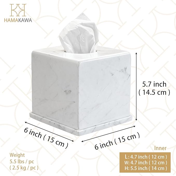 Natural Marble Tissue Box Cover, Volakas White Tissue Organizer 6 x 6 x 5.7 inch, Heavy Stone Decorative Box, Square Tissue Box Holder for Home Decor, Kitchen, Bathroom, Bedroom