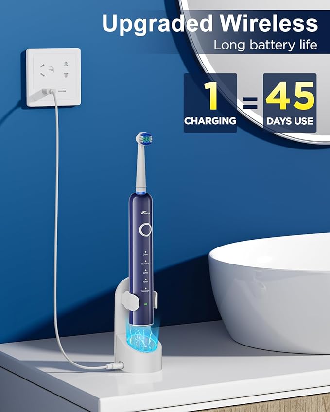 Rtauys R6 Rotating Electric Toothbrush for Adults, Fast Charge, Come with 8 Brush Heads (2 Types) and Travel Case, 5 Modes, 50000VPM Powered Toothbrush, 2 Minute Timer
