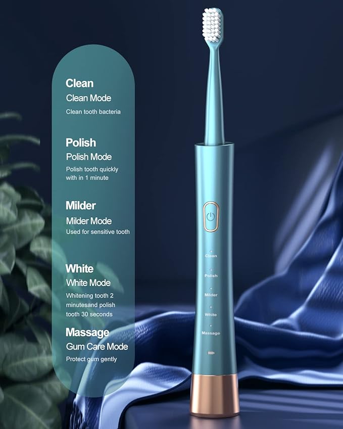 USB Rechargeable Sonic Electric Toothbrush for Adults, Powered Motor High Vibration Teeth & Gum Care, Soft Dupont Brush Heads, 2 Minutes Timer 5 Modes, Green