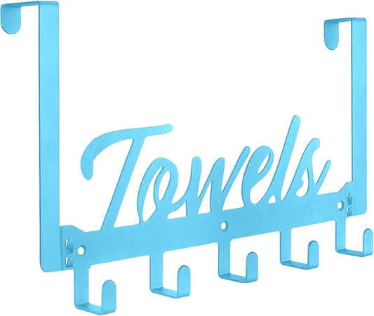 Over The Door Hooks, Towel Rack for Bathroom Over Door Towel Hanger, Heavy Duty with 5 Coat Hooks for Pool, Bedroom, Bathroom, Kitchen Towels, Bags (Blue)