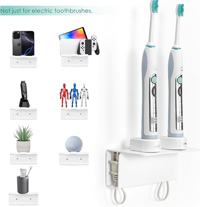 Modern Acrylic Wall Mounted Electric Toothbrush Holder with Hidden Cable Management - Space-Saving Bathroom Organizer for Shower-Safe, Waterproof Adhesive Mount No Drill-White