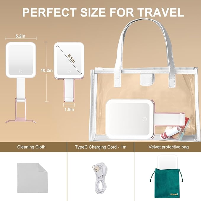 Mocado Travel Makeup Mirror with Lights,10X/1X Magnifying Mirror with Light, Double Sided Travel Mirror with 3 Color Light,Dimmable Touch,Lighted Makeup Mirror for Tabletop,Handheld,Hanging(Rose Gold)