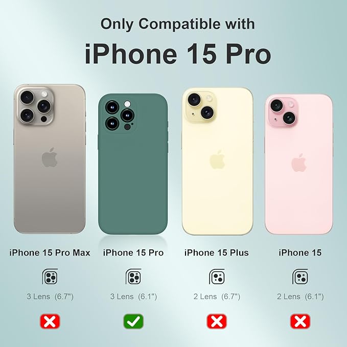 Magnetic for iPhone 15 Pro Case, Compatible with MagSafe, with 9H Nano Screen Protectors, Full Camera Protection, Silicone Shockproof Microfiber Lining Phone Case 6.1", Midnight Green