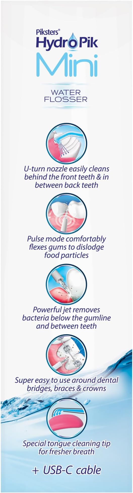 Piksters HydroPik Mini Water Flosser for Travel – Portable Cordless Oral Irrigator with USB-C Charging, 3 Pressure Modes & 5 Tips, Compact & Lightweight for On-The-Go Dental Care, White
