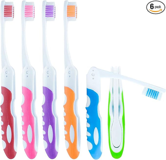 Lingito Travel Folding Toothbrush, Camping Toothbrush Bulk, Medium Bristle (6 Pack Medium-Multicolor)