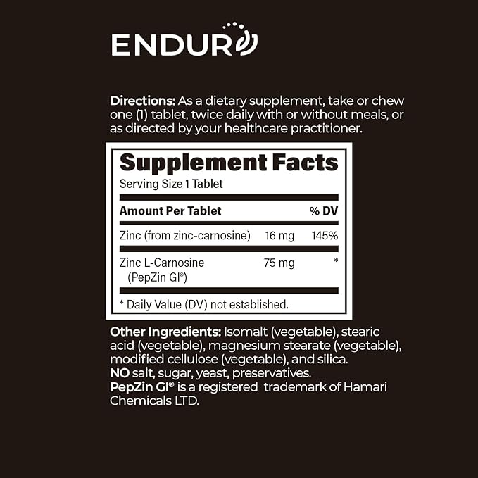 Endur PepZinGI ZINC-CARNOSINE Chewables, Digestive Supplement, Gentle & Effective Formula for Digestive Wellness, Gluten Free, 75mg (60 Tablets)