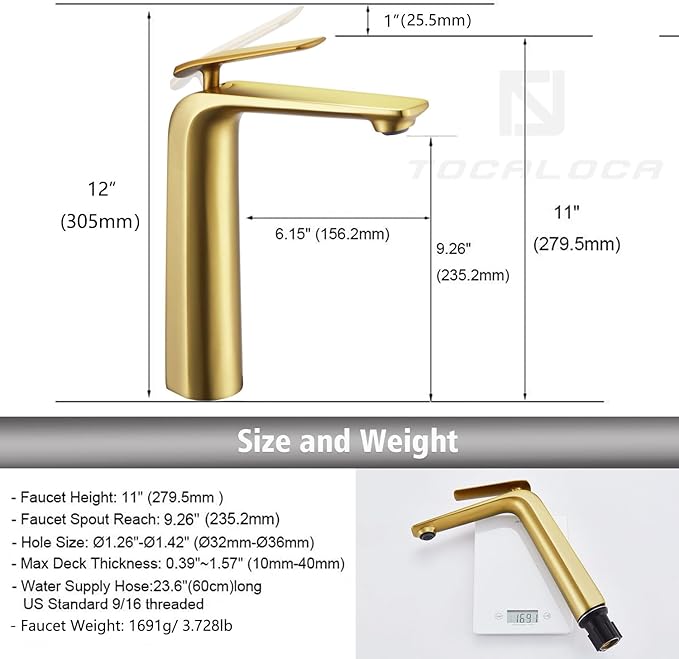 TOCALOCA Tall Bathroom Faucets Brushed Gold, One Hole Single Handle Lever Faucet for Vessel Bowl Sink, Premium Brass Bathroom Basin Faucet Lavatory Mixer Tap Gold