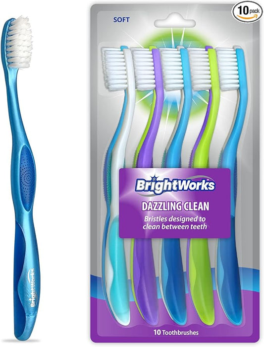 BrightWorks Dazzling Clean Manual Toothbrush (10 Pack), Soft, Bristles Designed to Clean in Between Teeth. Great for Sensitive Teeth or Sensory Issues (multiple colors).