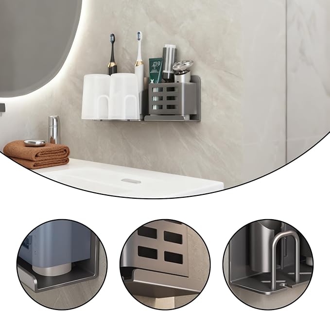 Aluminum Wall Mounted Bathroom Organizer (Black) - Self-Adhesive Toothbrush Holder for Toothpaste, Cups, Combs & Dental Supplies