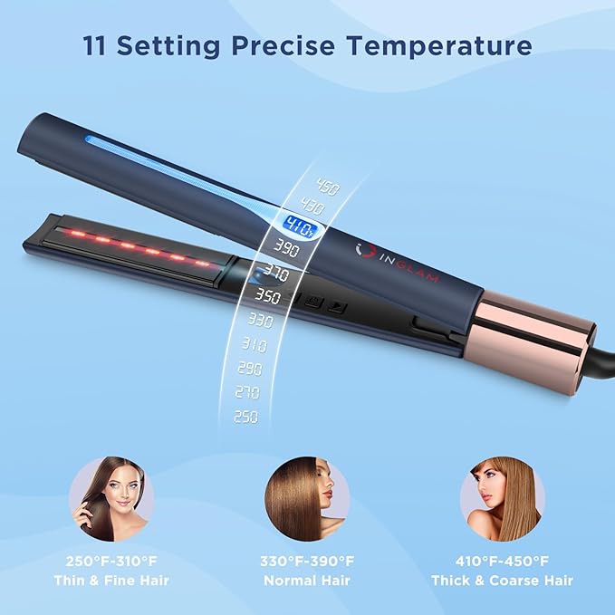 IG INGLAM Titanium Flat Iron Hair Straightener, 1 Inch Curling Iron, Infrared Negative Ionic Hair Straightener 11 Adjust Temp 250°F-450°F, Shiny Hair Dual Voltage 110-240V, Gift, Prussian Blue