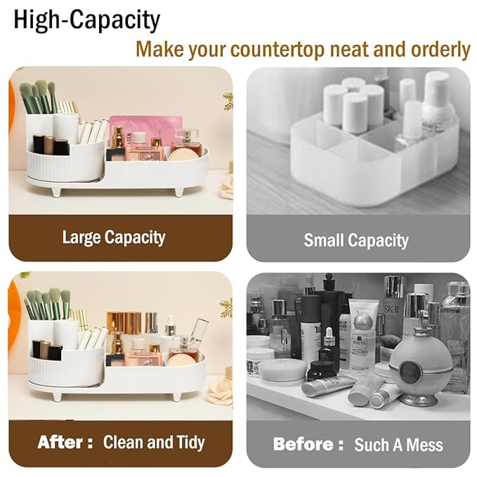 Makeup Organizer Countertop Rotating Makeup Organizer for Vanity Large Capacity Cosmetic Display Case with Makeup Brush Holder Cosmetic Organizer Countertop（White）
