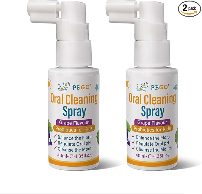 PEGO Kids Oral Spray, Toddler Toothpaste Helper for Fresh Breath，Kid's Mouth Spray with Fluoride Free for Newborn to 12 Years (2Pack, Grape)