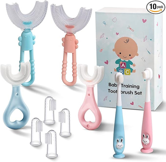 Baby Toddler Infant Toothbrush 6 to 12 Months and Up Age 1 2 3 1-2 2-4 Year Old, 10 in 1 Toothbrushes Gift Set with Soft Finger U-shaped Brush Brushing Bristles for Newborns Kids Children Child