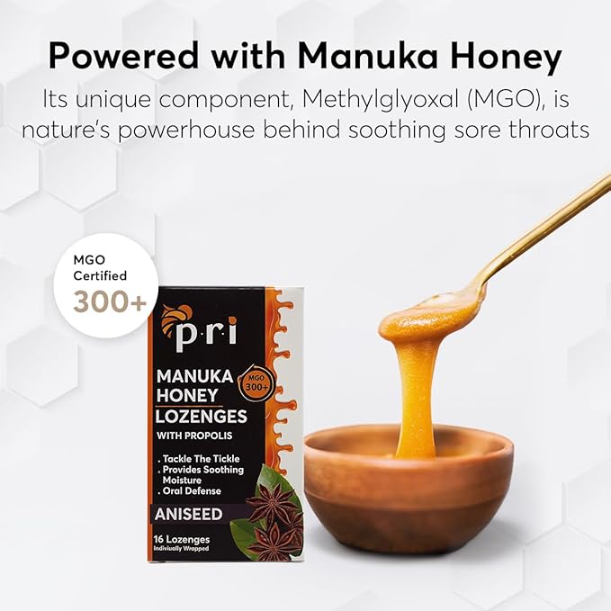 P.R.I Manuka Honey Lozenges with Propolis, Soothing Cough and Throat Drops, MGO 300+ Certified, (Original Aniseed, 16 Count)