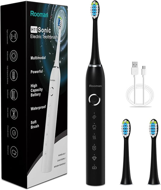 Rooman Electric Toothbrush for Adults, 20000 VPM, 5 Cleaning Modes, 90-Day Battery Life, Built-in Smart Timer, IPX7 Waterproof Rechargeable Toothbrush, 2 Interchangeable Brush Heads (Black)