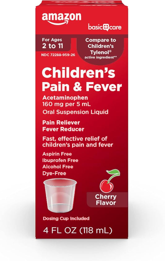 Amazon Basic Care Children's Pain Reliever & Fever Reducer, Acetaminophen 160 mg per 5 mL Oral Suspension Liquid, Dye-Free Cherry Flavor, 4 fl oz (Pack of 1)