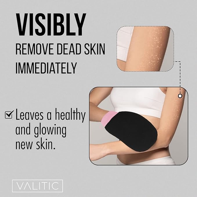 Valitic Exfoliating Glove Body Scrubber - Exfoliating Mitt Dead Skin Remover, Shower Face and Body Exfoliator - Korean Style Skin Scrubber Washcloth - Spray and Self Tan Remover, 1 Black with Pink