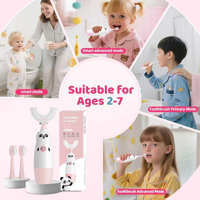 Kids U-Shaped Electric Toothbrush with 2 Brush Heads, Toddlers Sonic with 360 Degree Cleaning, Soft Bristles, Battery Included, IPX7 Waterproof, Cute cartoon for Girls and Boys,Ages 2-7 (Pink)