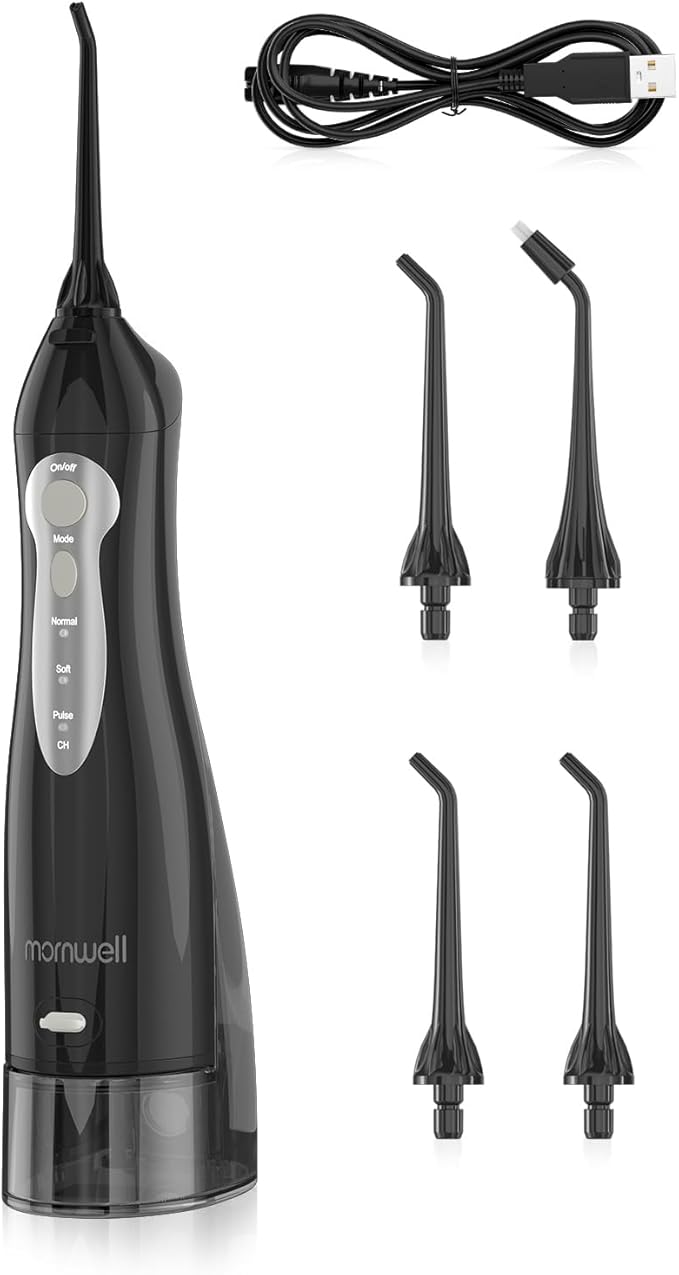Water Flosser, Mornwell Water Flossers for Teeth - 330ML Tank USB Rechargeable Dental Flosser, IPX7 Waterproof 3 Modes & 4 Jet Tips Portable Dental Oral Irrigator,Professional Water Flosser