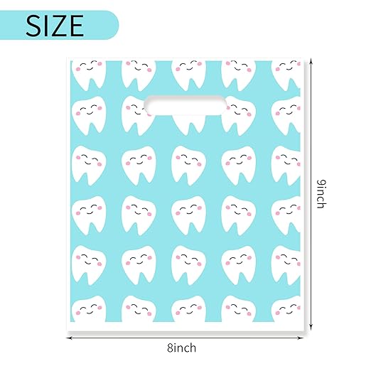 300 Pack Dental Bags, Tooth Patient Care Dental Bags, 9 x 8 Inches dental goodie bags, for Dental Clinics, Schools and Patient use (Happy Tooth Faces – Blue)