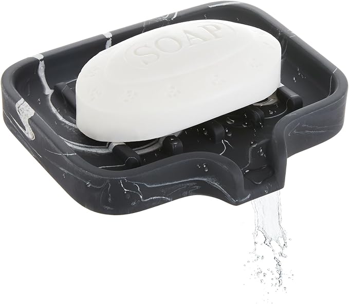 Toothbrush Holder and Soap Dish Set, Resin Toothbrush Cup Bathroom Cup Tumbler Marble Design, Self Draining Bar Soap Holder Shower for Bathroom Holder and Organizer, Black