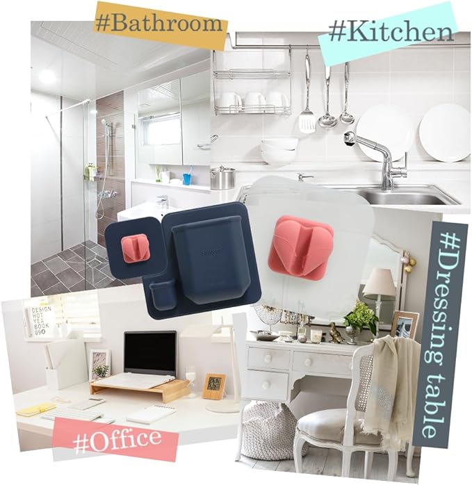 Silicone Wall Mounted Organizer - Made in Korea, BPA Free - Storage with Hook - Bathroom and Living Room, Remote Control & Shower Caddy (Cupid(Navy), Poket Holder(Navy))