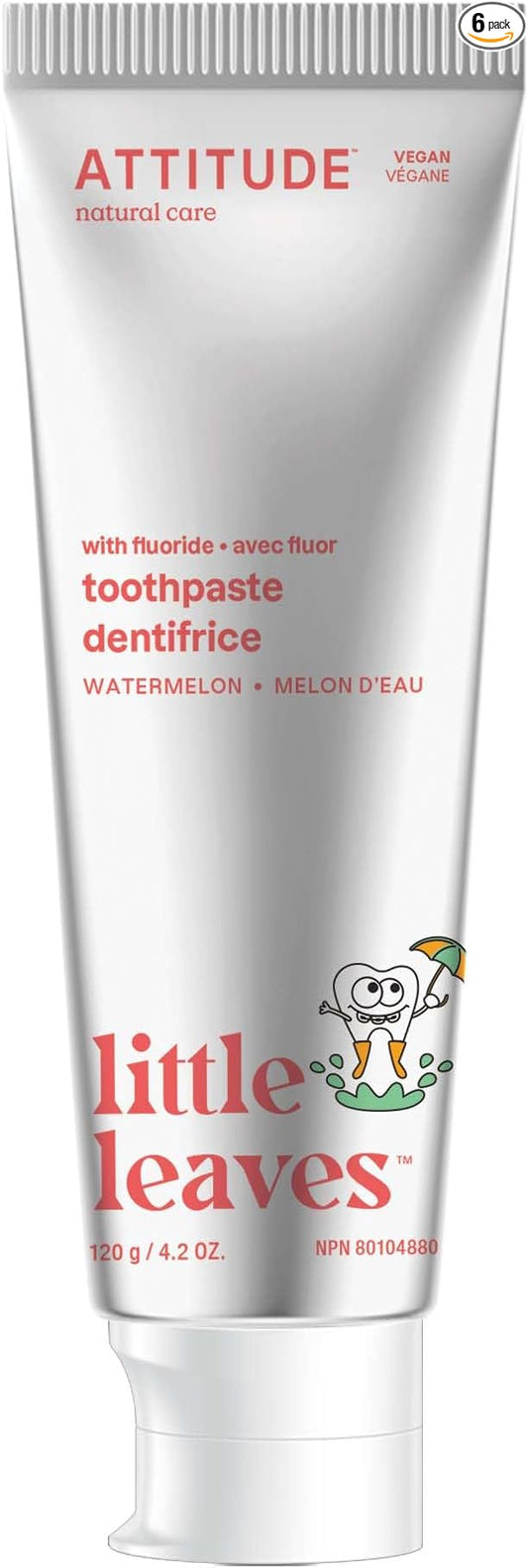 ATTITUDE Toothpaste with Fluoride, Prevents Tooth Decay and Cavities, Vegan, Cruelty-Free and Sugar-Free, Watermelon, 4.2 Oz (Pack of 6)