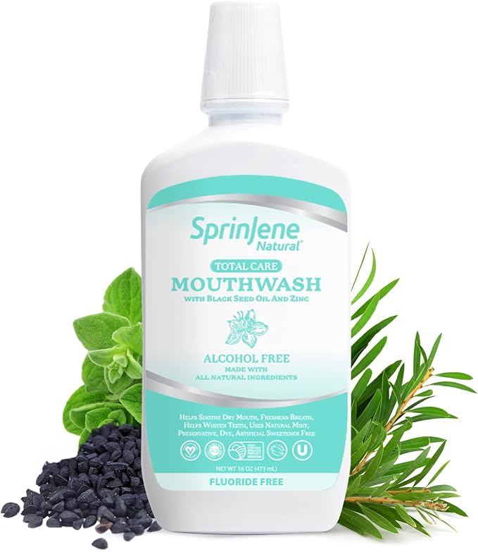 SprinJene Natural Sensitivity Relief, Fluoride Free Toothpaste for Sensitive Teeth (2 Pack) + Fluoride Free & Alcohol Free Mouthwash