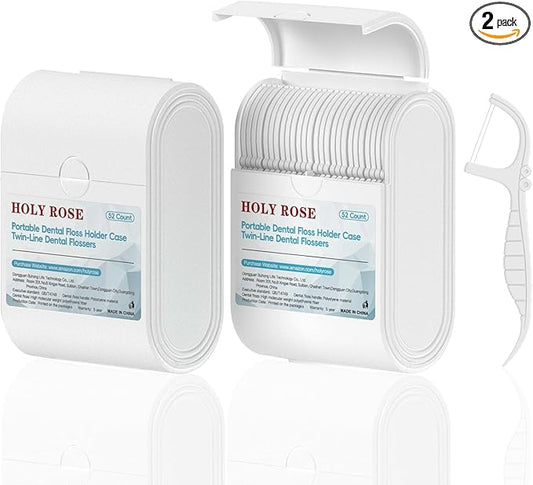 Holy Rose Dental Floss Holder Case 2 Boxs with Twin Line Flosser 104 Count- Mint Flavored Floss Picks, Portable Travel Case White - is Oral Care Tool for Clean and Fresh Teeth