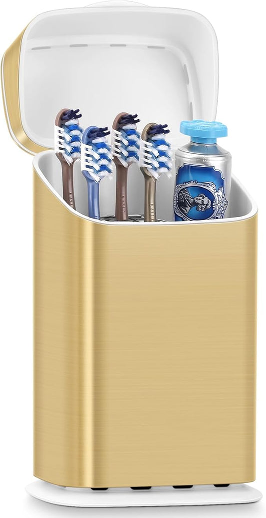 Toothbrush Holder with Cover - 5 Slots Toothbrush Holders for bathrooms, Detachable Bathroom Caddy Organizers and Storage Kids Tooth Brush and Toothpaste Holde, Gold