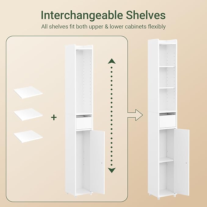 SoBuy Narrow Bathroom Storage Cabinet, Tall Slim Bathroom Organizer Cabinet with Adjustable Shelves, Skinny Freestanding Corner Cupboard for Small Spaces, White, BZR34-K-W