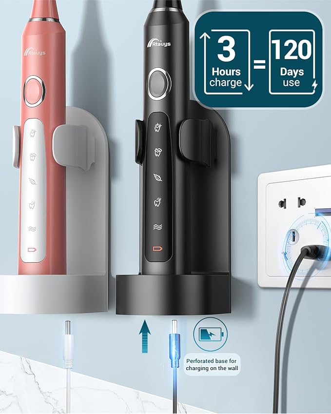 Rtauys 2 Pack Electric Toothbrush for Adults - 2 Rechargeable Electric Toothbrushes with 12 Brush Heads & 2 Travel Cases, Power Electric Toothbrush with Holder, 120 Days Battery Life - Black+Rosered