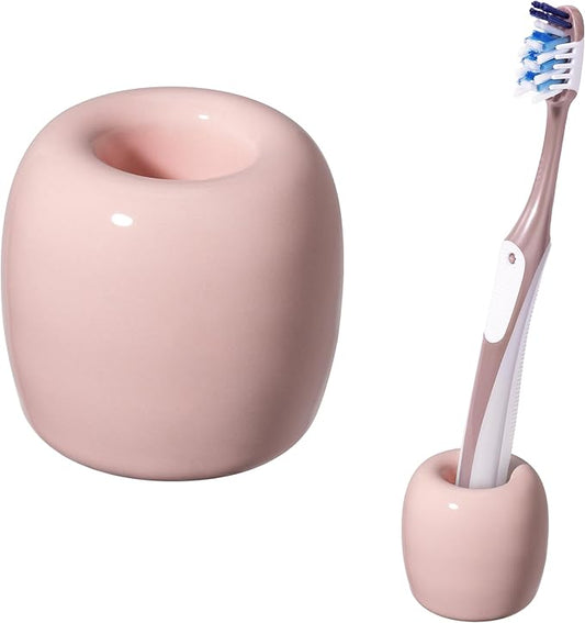 Urbanstrive Ceramic Toothbrush Holders for Bathrooms, Sleek Tooth Brush Holder Toothbrush Stand Tooth Brushing Holder, Portable Bathroom Accessories Organizer, Pink, 1 Pack