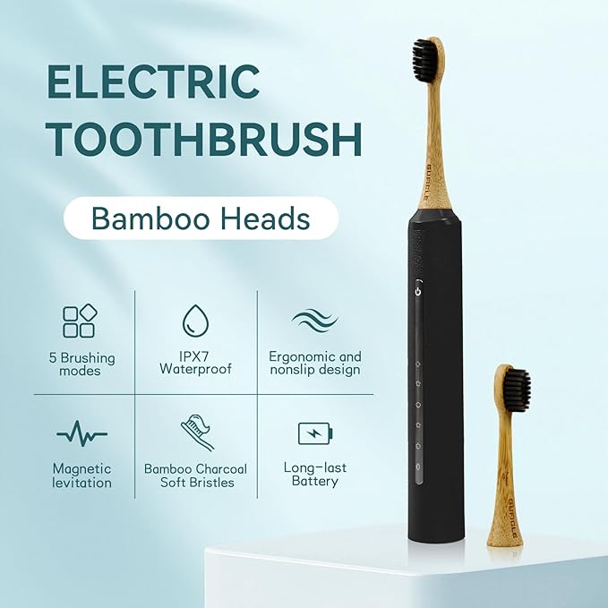 Bamboo Electric Toothbrush for Adults丨Rechargeable Electric Toothbrush with 3 Non Toxic Charcoal Infused Bamboo Brush Heads, 5 Cleaning Modes, 60 Days Battery Life, IPX7 Waterproof-Black